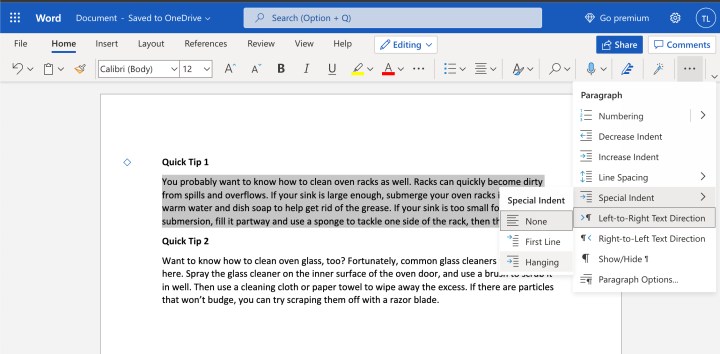 Highlighted text in the web version of Microsoft Word.