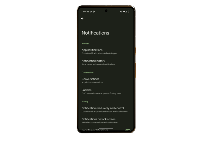 Notification settings in Android 16.