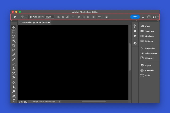 alt: The Photoshop Application and Options bar provide access to various tools and settings.