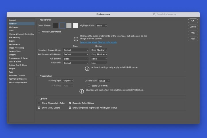 alt: The Photoshop Preferences window allows users to customize various settings and options.