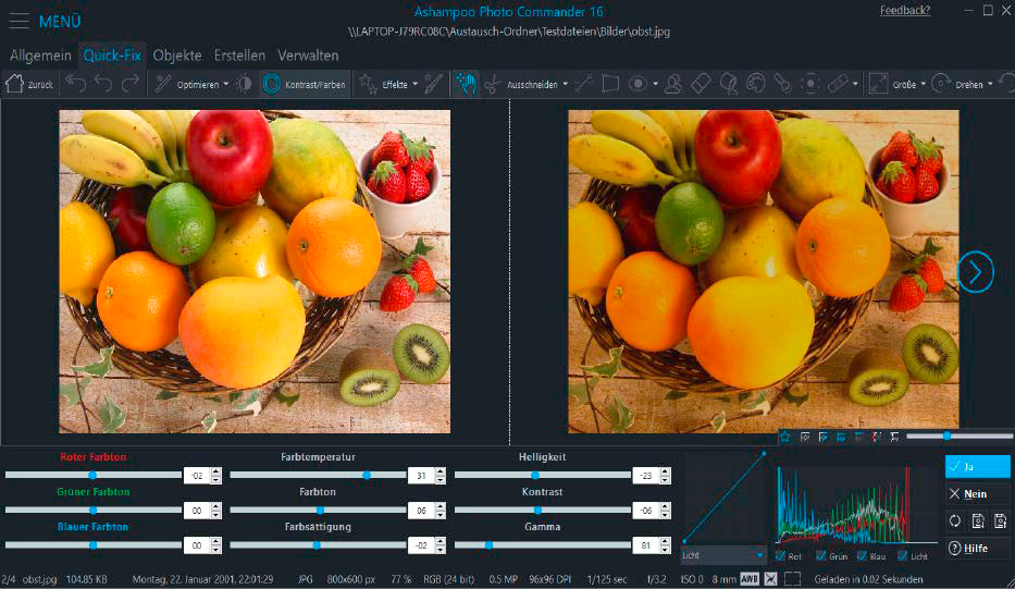 alt text: Ashampoo Photo Commander 16 software interface. The software is used in conjunction with a scanner to digitize printed photos. It also includes basic image editing tools.