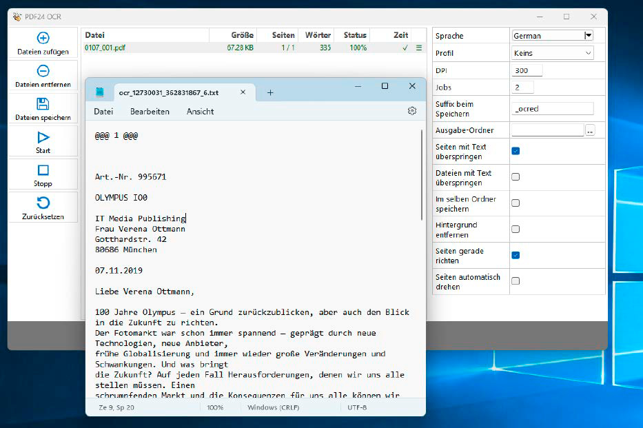 alt text: A screenshot of the PDF24 Creator software interface showing its OCR function which allows users to extract and search text within PDF files and optionally save the extracted text as a TXT file.