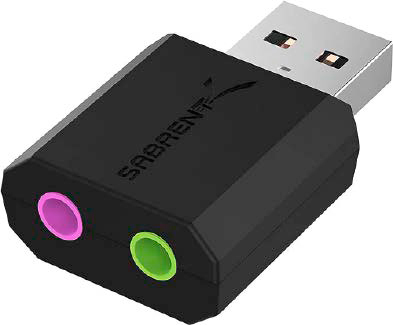 alt text: Image of a USB adapter commonly used for connecting headsets to laptops. This adapter offers additional audio input options and typically provides better sound quality than the built-in sound chips on the motherboard.