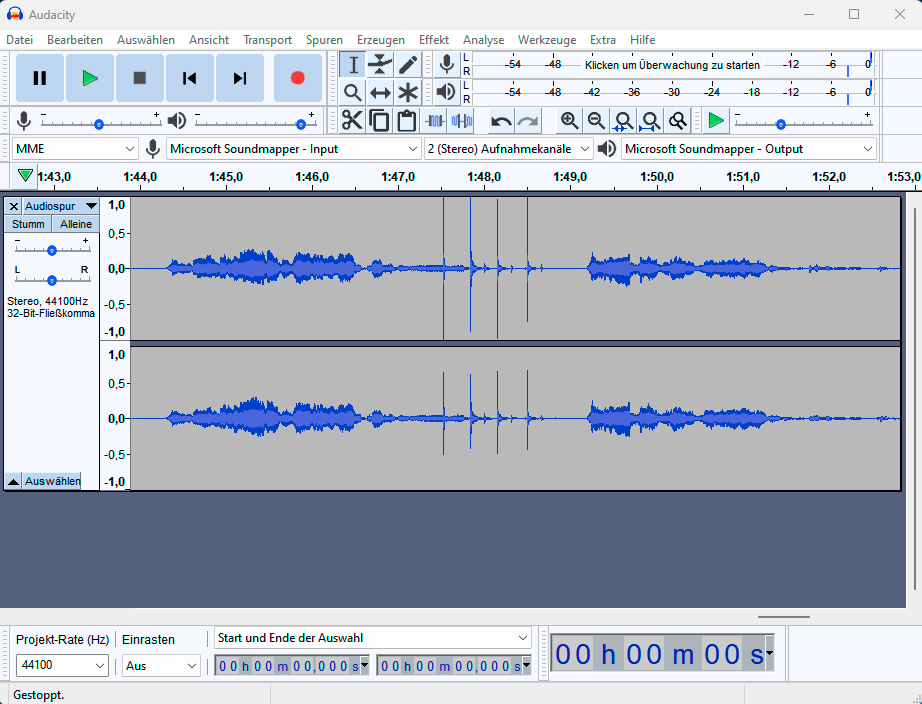 alt text: Audacity software interface.  This freeware enables digitization of vinyl records, cassettes, and other analog media when used with a playback device and the necessary PC connections. Users can adjust the recording level using the volume controls within the program.