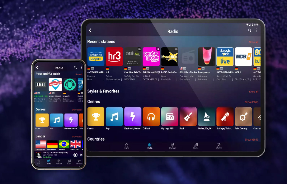 alt text: Audials Play app interface. This free app provides access to music stored on a PC and allows users to download it to their mobile phones. The PC's content appears as a separate tab within the app.