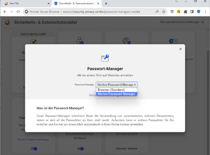 Norton Secure Browser offers its own password manager alongside the default Chromium option.