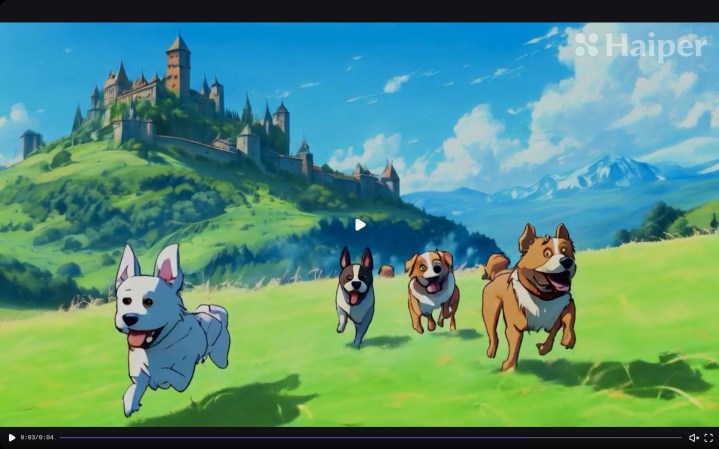 alt: AI-generated video of dogs running, reminiscent of a Ghibli film, with visual artifacts.