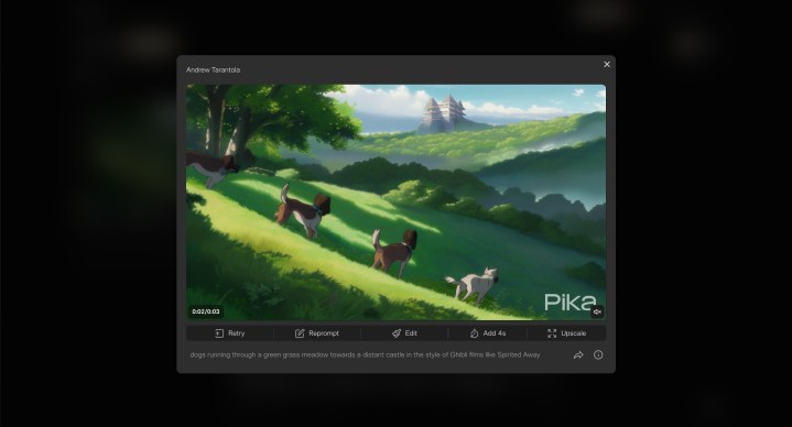 alt: Screenshot of the Pika AI video generator interface showing the "dogs running" prompt.