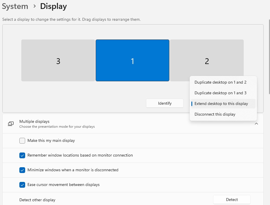 Windows display settings allow configuration of daisy-chained monitors.