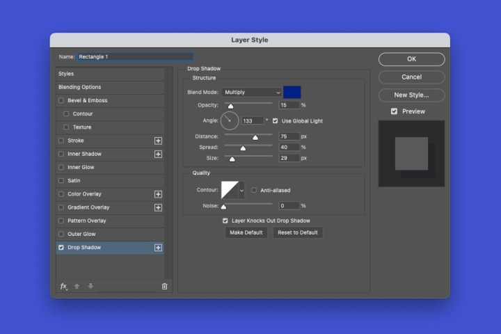 Drop Shadow settings in Photoshop.