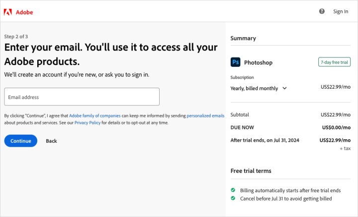 Email address entry for Photoshop free trial.