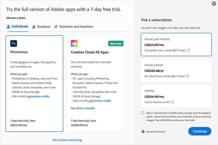 Photoshop free trial plan selection.