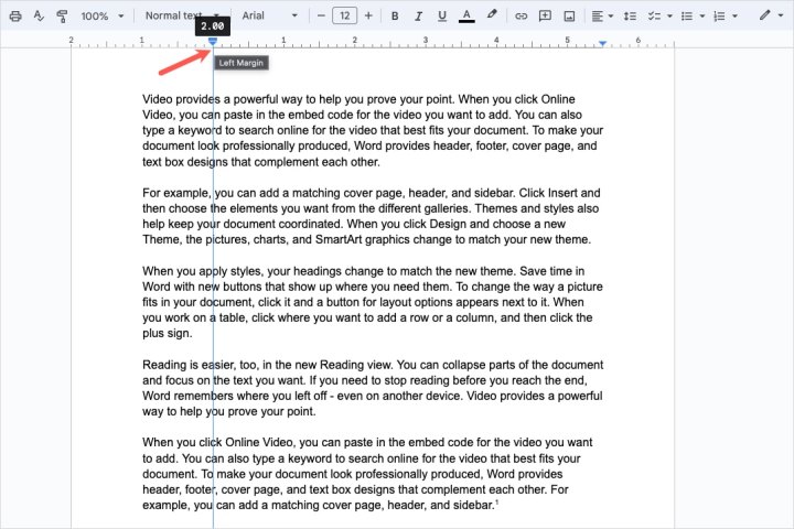 Dragging the left margin using the Google Docs Ruler.