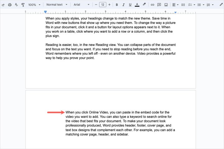 Margins changed for a page in Google Docs.