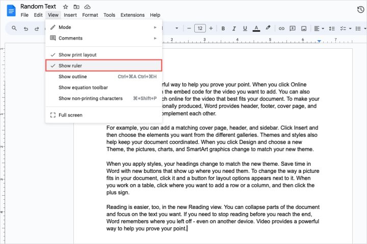 Show Ruler in the Google Docs View menu