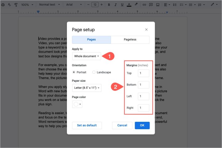 Margins in the Google Docs Page Setup box.