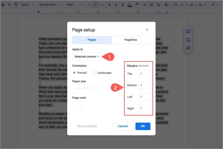 Margins and Selected Content in the Google Docs Page Setup box.