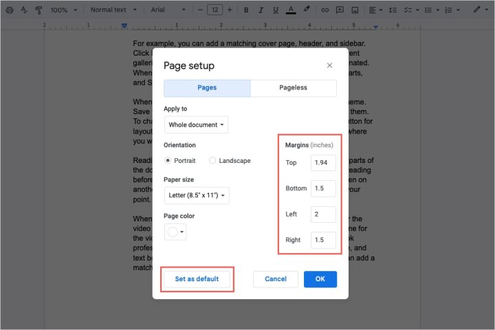 Margins and Set As Default in the Google Docs Page Setup box.