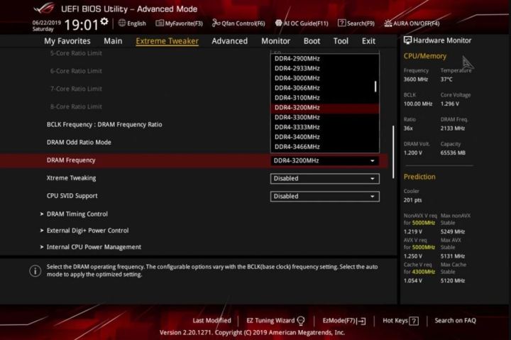 alt=Screenshot of RAM overclocking settings in the Asus BIOS.