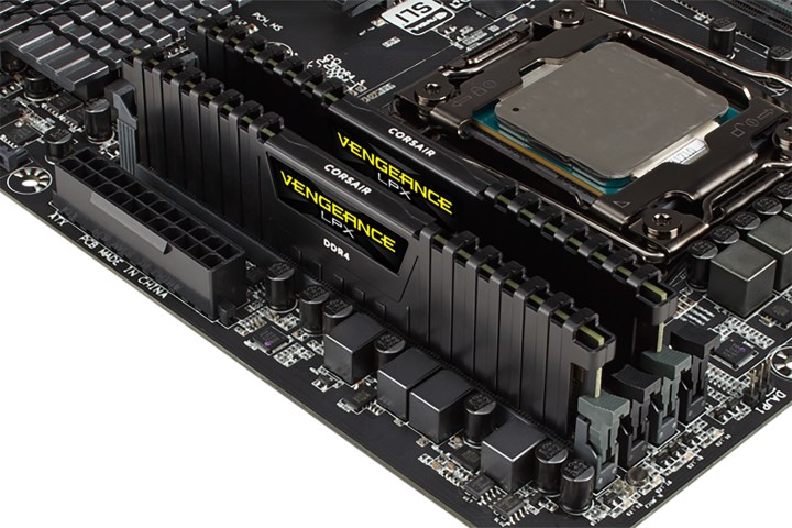 alt text: Corsair Vengeance LPX RAM modules installed in a computer motherboard.