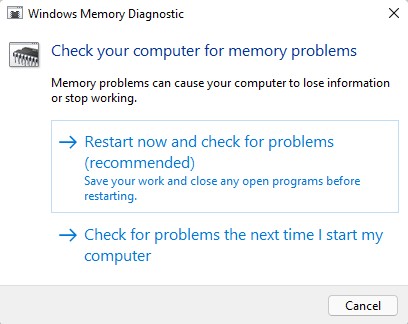 Windows Memory Diagnostics options.