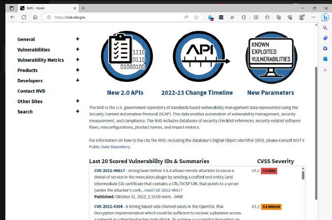 The US National Vulnerability Database displays the 20 most recent vulnerabilities, their CVE numbers, and information about their impact and available patches.