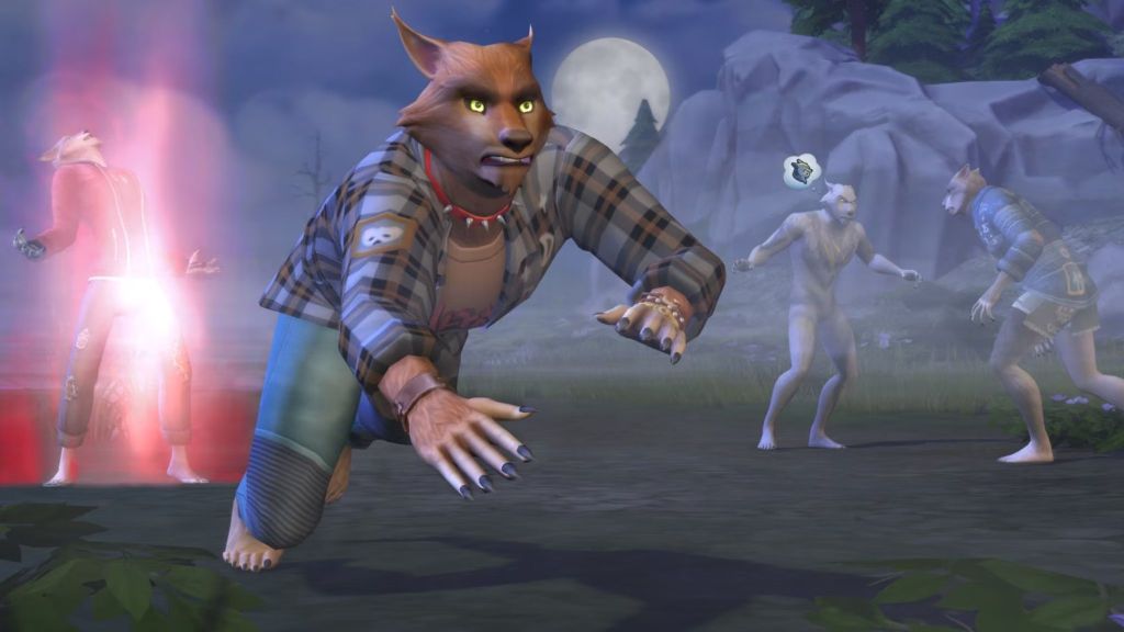 alt=A Sim transforms into a werewolf under the moonlight in the Sims 4 Werewolves game pack.