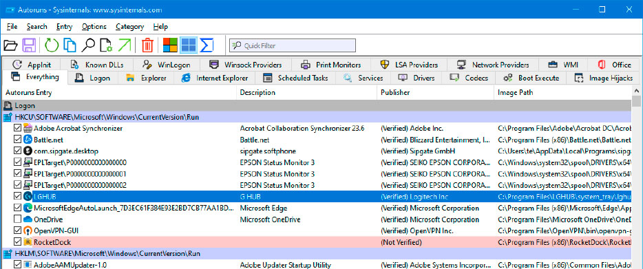 Sysinternals-Autoruns: Das Tool zeigt alles an, was automatisch mit Windows startet. Entfernen Sie die Häkchen vor den Programmen oder Diensten, die Sie nicht benötigen.