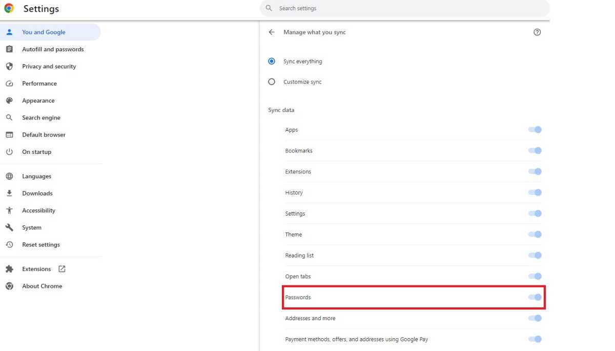 Chrome Password Sync Settings