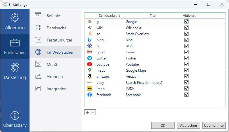 Listary provides fast file searching in Windows. Use its commands to access search engines and online services.