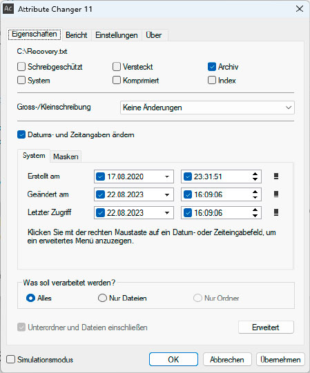 Attribute Changer displays and edits file attributes. It can also modify creation, modification, and last access dates.