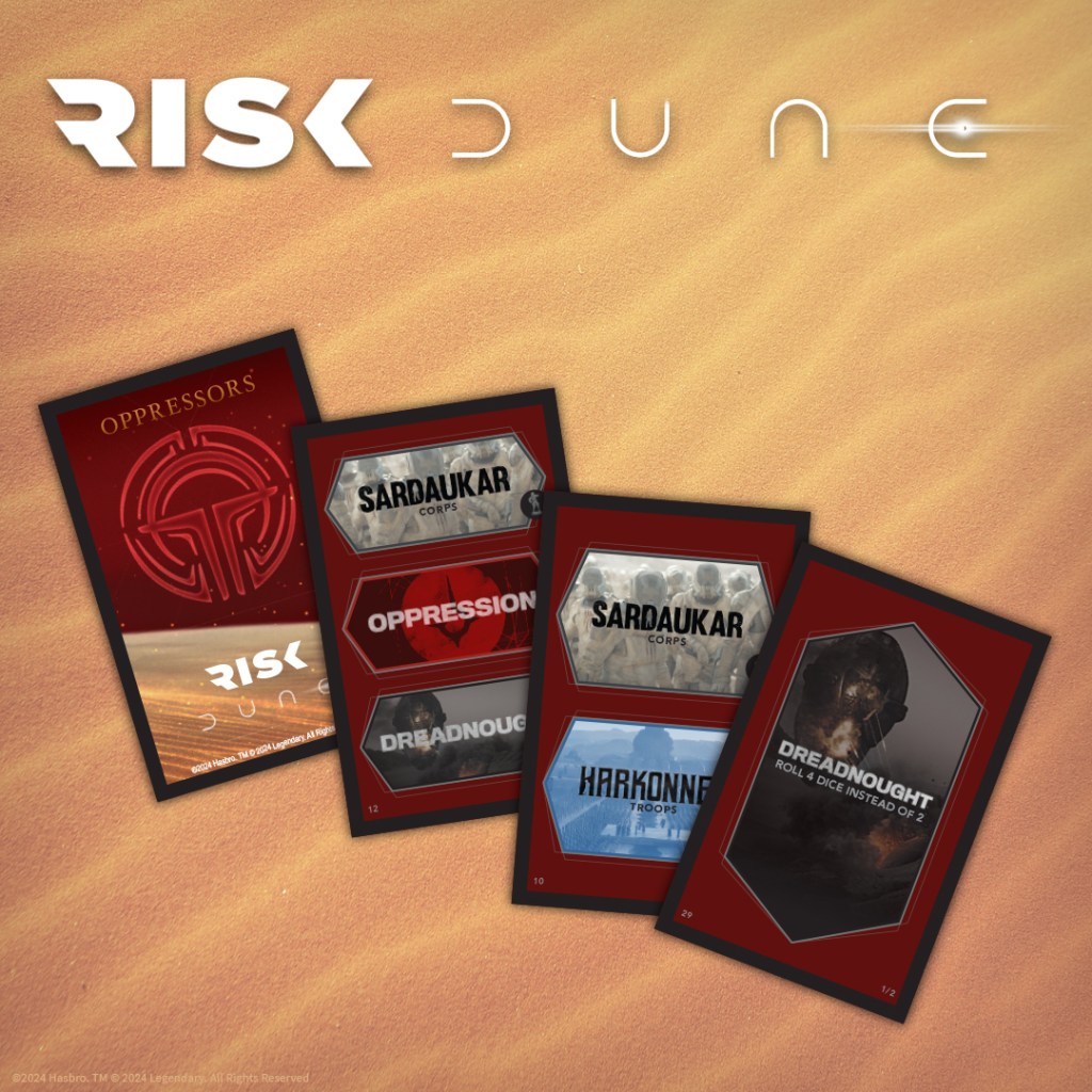 alt: Close-up of the Harkonnen, Sardaukar, Fremen, and Fedaykin game pieces in Risk: Dune.