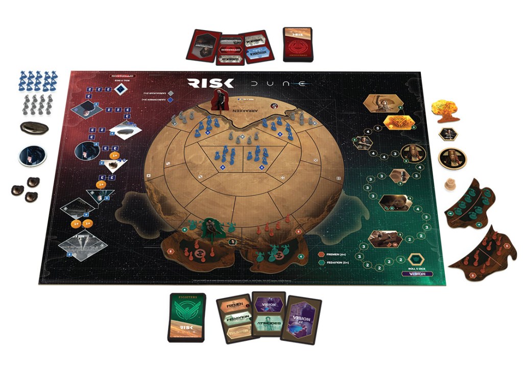 alt: Display of the packaged Risk: Dune board game, highlighting the key features and factions.