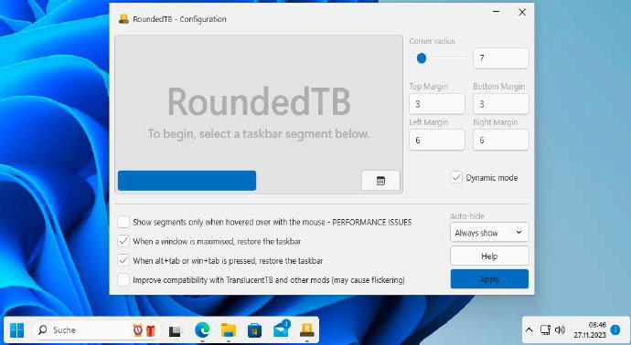 alt: A screenshot of the RoundedTB application window, demonstrating its options for customizing the Windows taskbar's appearance and margins.