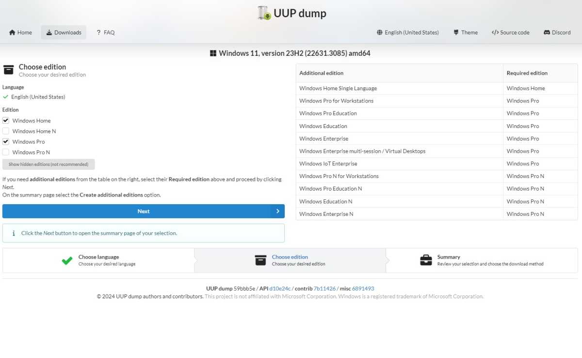 alt: A screenshot of the UUP Dump website, allowing users to download different Windows builds and convert them into ISO files.