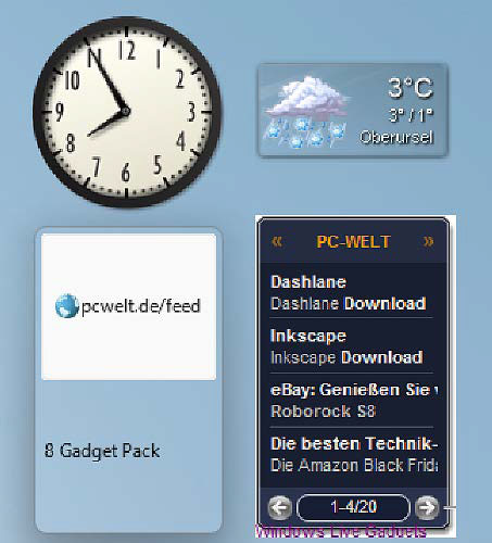 alt: A screenshot of the 8GadgetPack application on a Windows desktop, showcasing various mini-programs like clock, clipboard, and weather forecast.