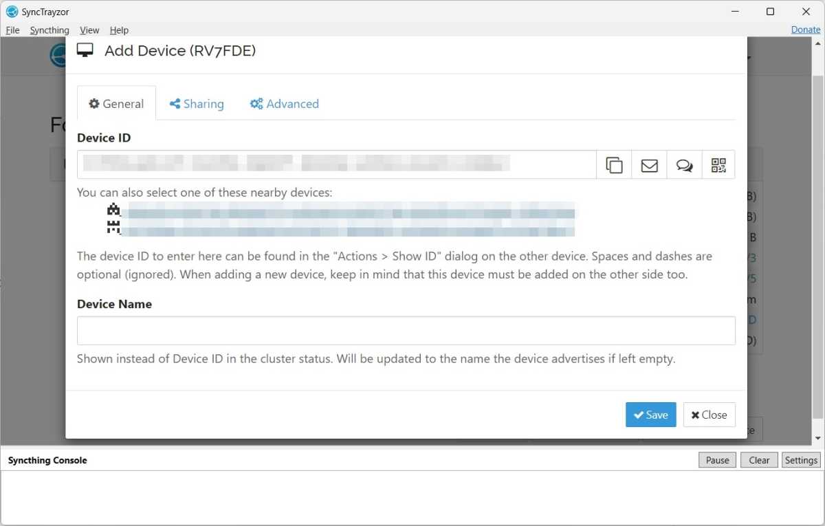 Adding a device in SyncThing