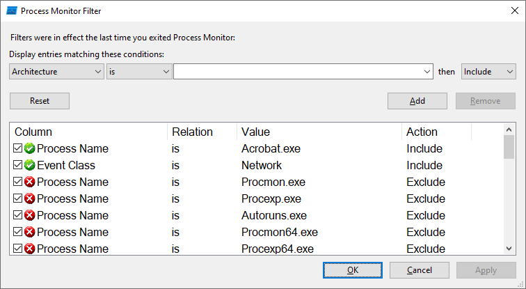 Create a filter for Process Monitor: Use a filter to restrict logging to events that are important to you, such as network access.