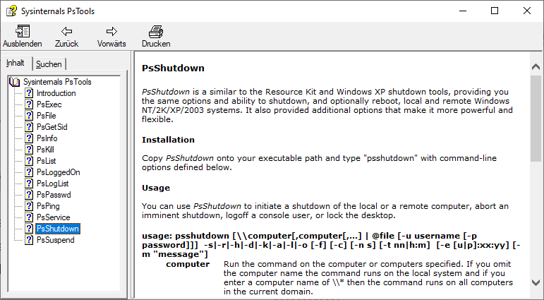 Help for PS-Tools: The help file Pstools.chm contains descriptions of the tools and explanations for the meaning of the available command line options.