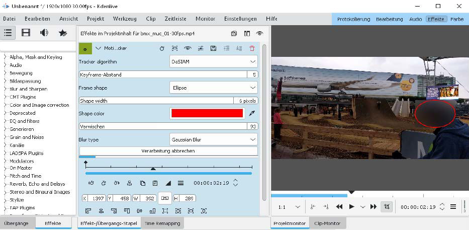Kdenlive's motion tracker. This image shows the DaSIAM motion tracker in Kdenlive, used to track an object and apply a blur effect for privacy.