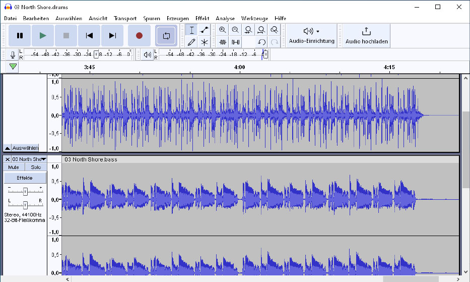 Spleeter separates music into individual tracks. This image displays the separated tracks in Audacity, showing Spleeter's ability to isolate vocals and instruments, though some high frequencies might be lost.