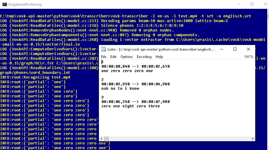 Vosk generates subtitles from audio. This example shows an SRT file created by Vosk after analyzing the audio track of a YouTube video.