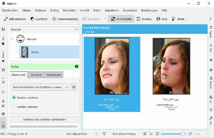 Digikam performs facial recognition. This image showcases Digikam's ability to recognize faces and create a database for tagging and searching individuals within a photo collection.