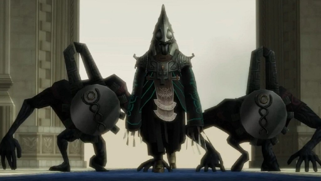 alt text: Zant, a menacing figure from Twilight Princess, surrounded by shadowy beasts in a dimly lit scene, exuding an aura of dread.