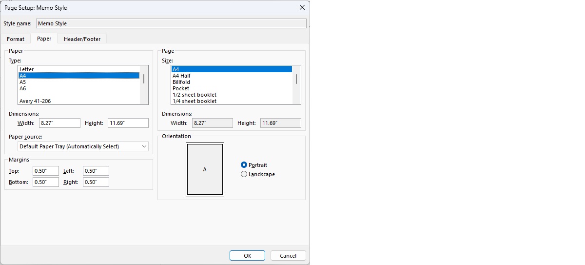 Outlook printer settings