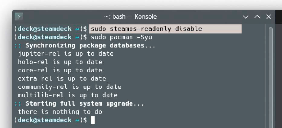 Pacman in the terminal: The Arch package manager is disabled by default, but can be enabled with a command.