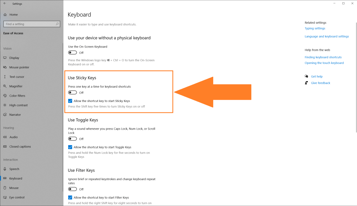 Windows 10 Sticky Key settings