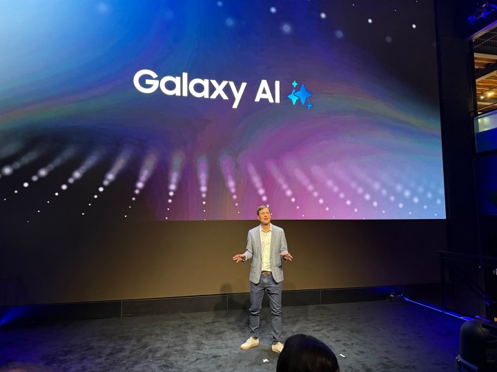 A photo of a Samsung Galaxy AI keynote, taken with the iPhone 16 Pro.