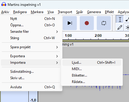 alt text: Audacity interface highlighting the file import option for adding audio.