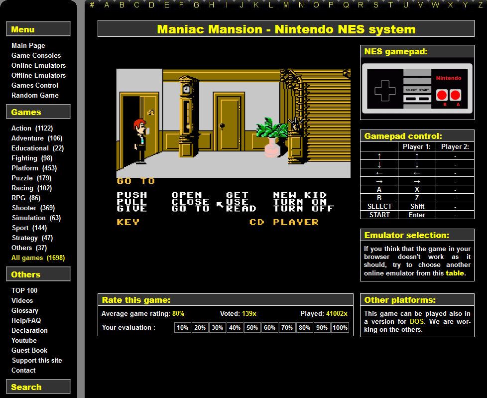 alt=A screenshot of the Retrogames website showing a selection of retro games organized by genre and console. The controller/keyboard layout is displayed on the right.